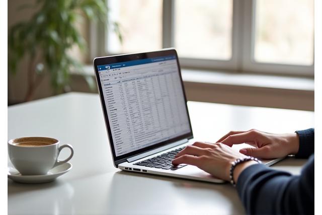 Person using a laptop with a budget spreadsheet and coffee