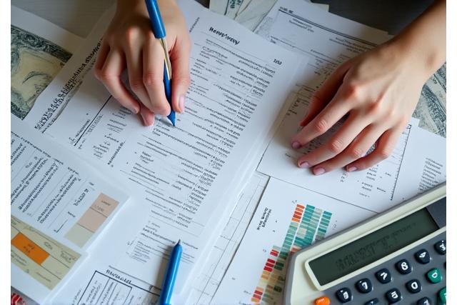 Overhead view of person writing notes on a pad about finances