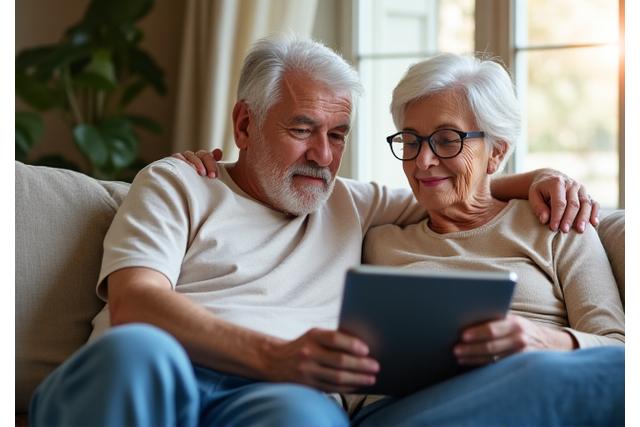Thoughtful older couple looking at a tablet