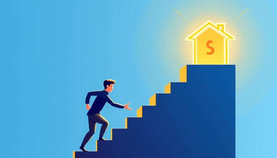 Illustration of a person climbing a staircase towards a goal, symbolizing financial progress and achievement.