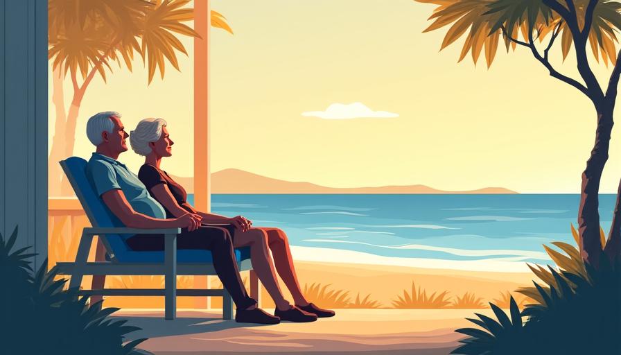 Illustration of relaxed older couple on a beach, symbolizing secure retirement.