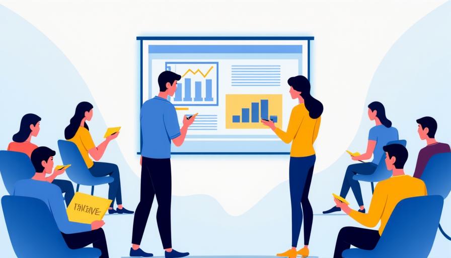 Illustration of people learning in a workshop setting with charts and graphs.